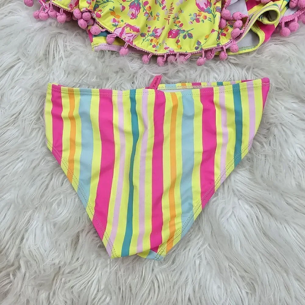 Betsey Johnson | Yellow Floral Stripe Ruffle Pom-Pom Bow BikiniGirls Size 10